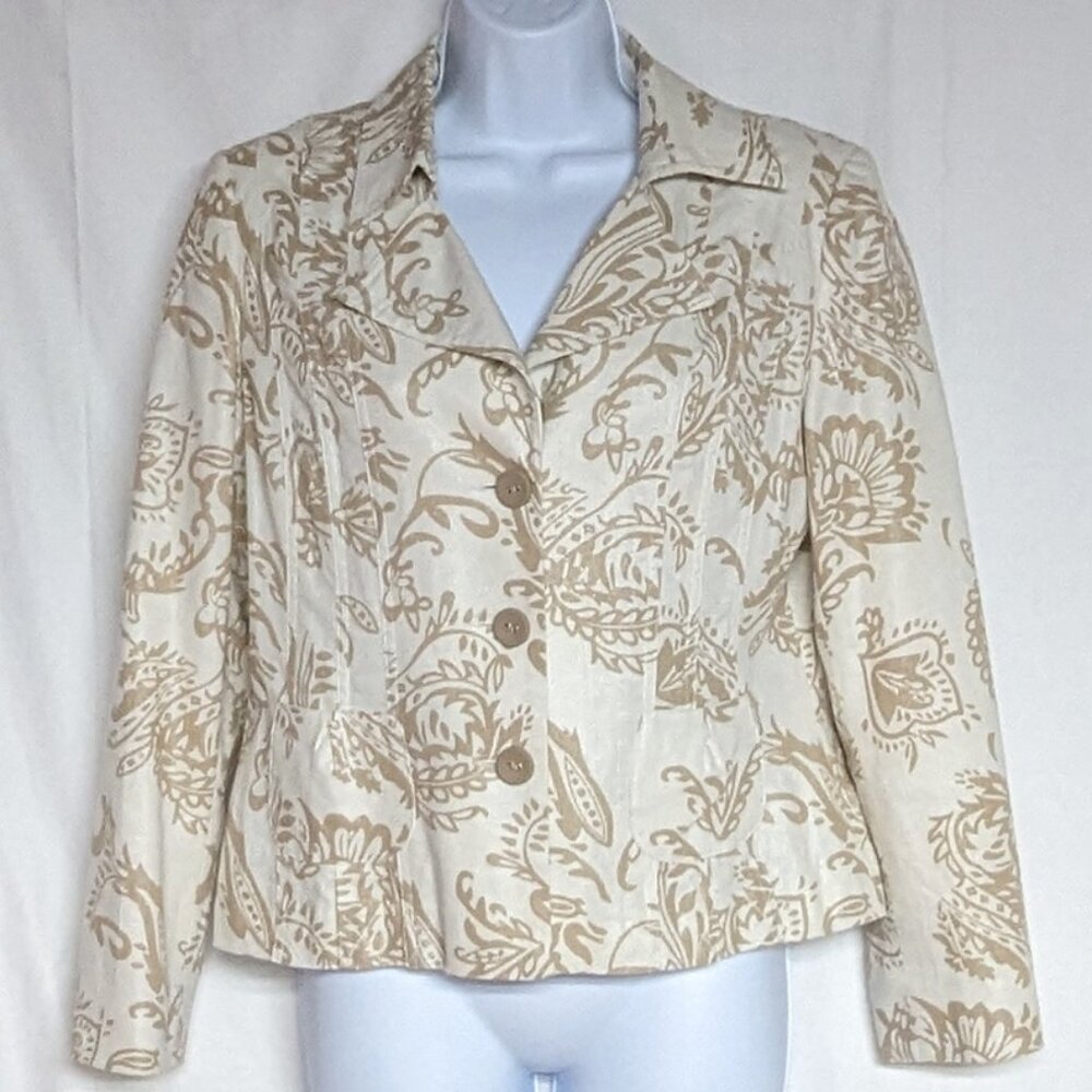 Linen-blend blazer off-white with tan design Conrad C petite size 8 GUC